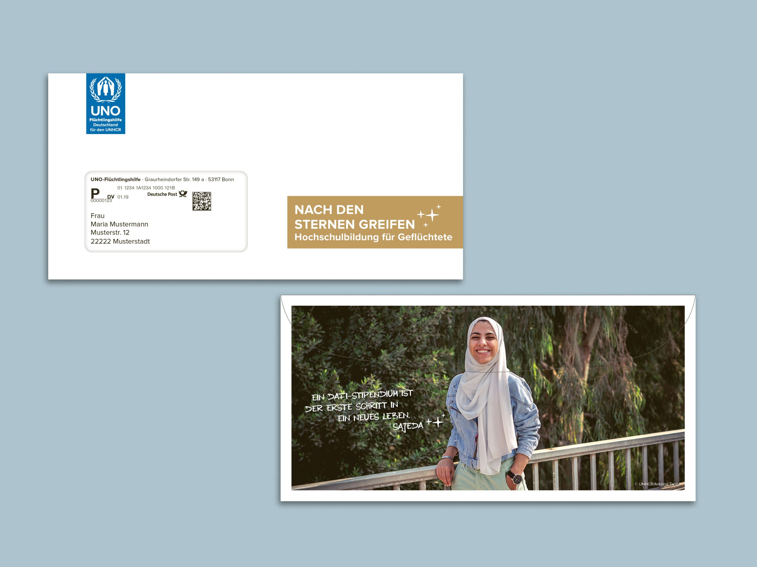 Briefumschlag sowie Karte zu einem Mailing für die UNO Flüchtlingshilfe e.V.
